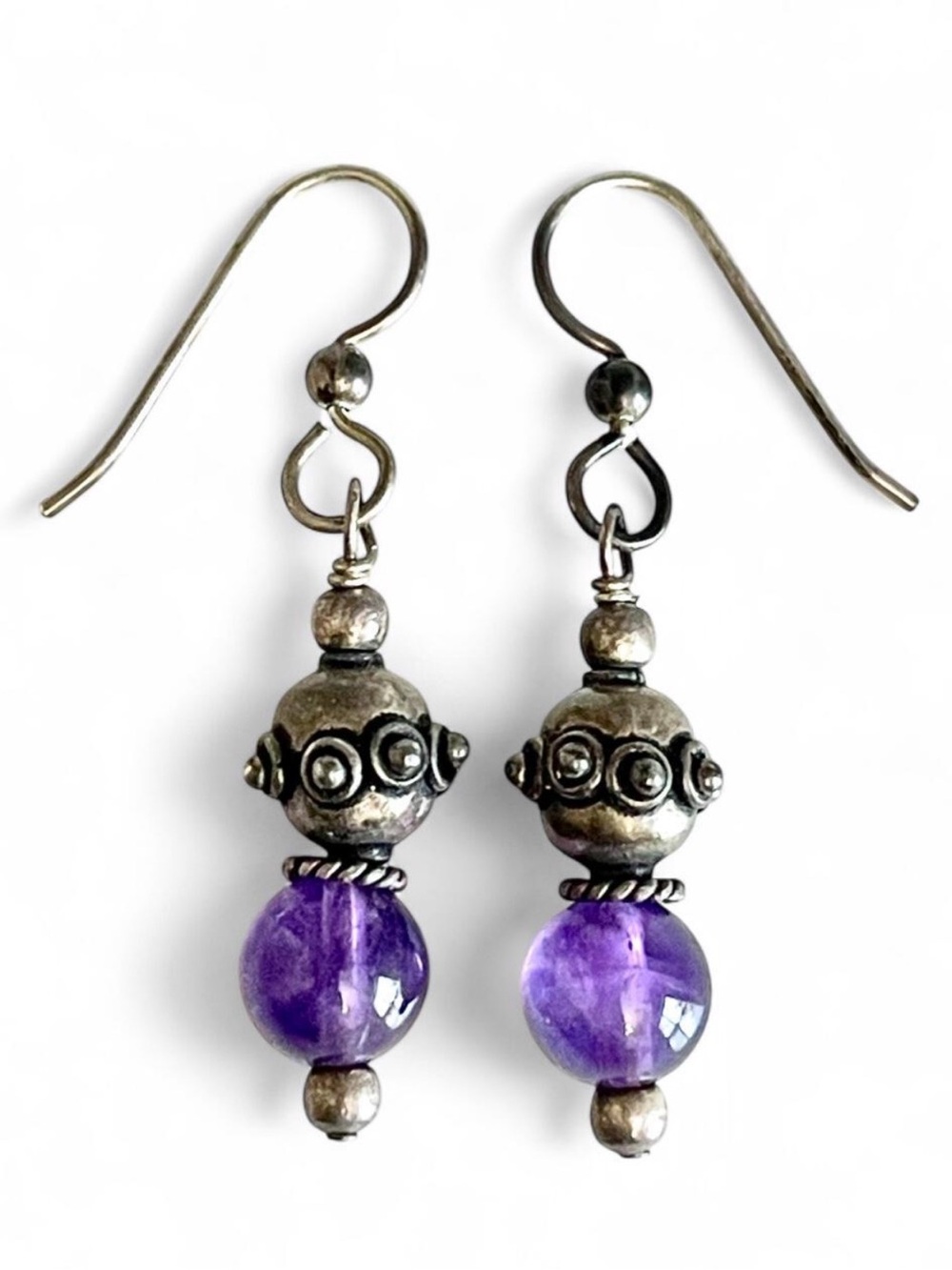 Vintage Artisan Amethyst & Silver  Balinese Dangle Earrings Purple Gemstone Boho